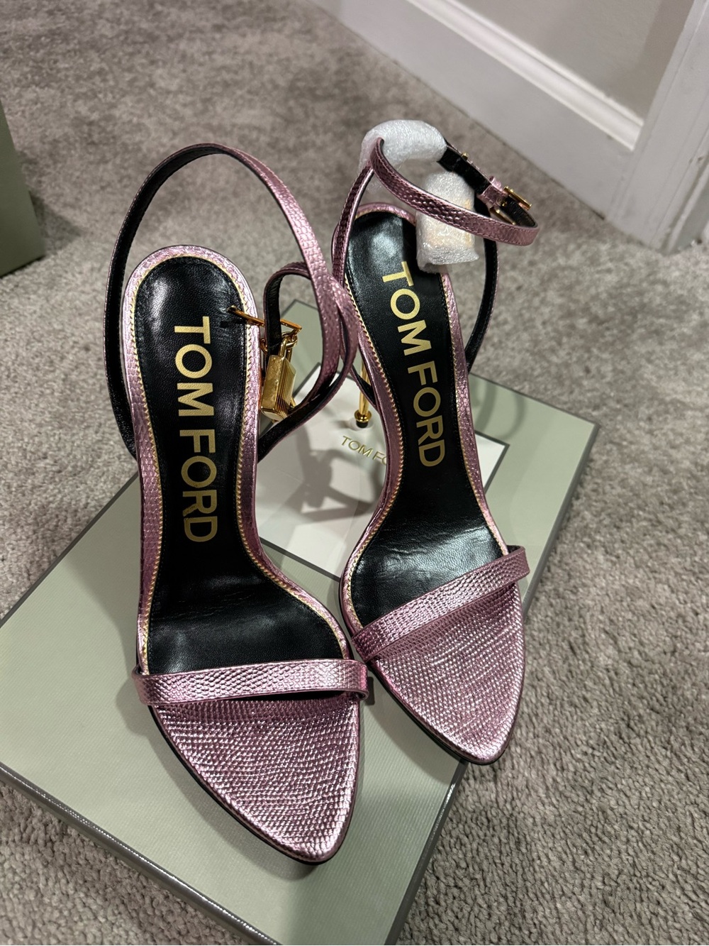 Tom Ford Metallic Rose Pink Ankle-Strap Stiletto Sandals